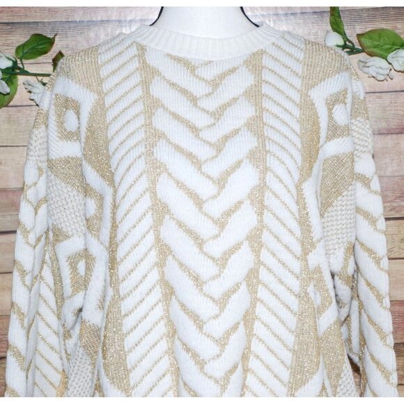 Jane Adams White And Gold Metallic Pullover Sweater Size XL Crewneck - Picture 2 of 8